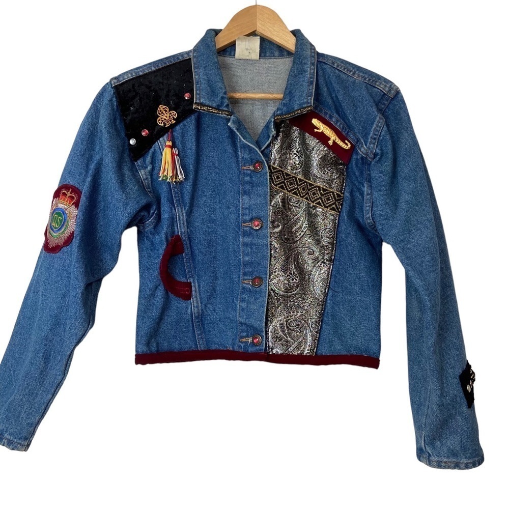 VINTAGE crop denim jacket blue jean unique embellishments small